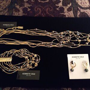 NWT Kenneth Cole Set Necklace Bracelet & Earrings, Tahitian Pearls Diamante Gold